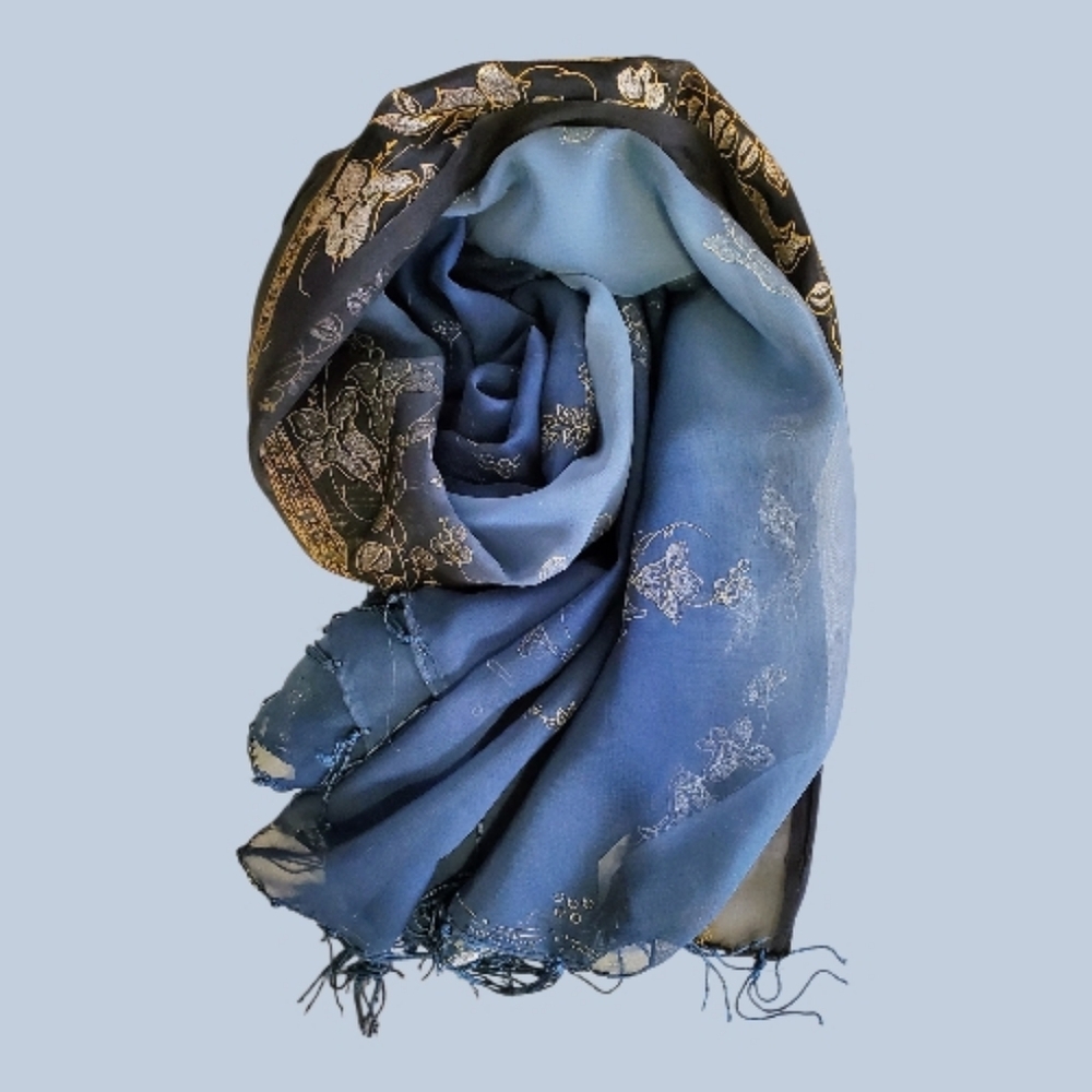 Elegant Navy Blue Floral Scarf With Fringe